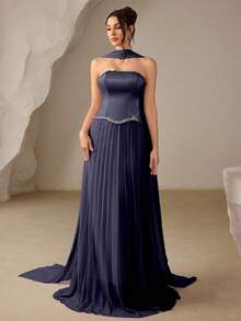 Coutiva Elegant Party Rhinestone Decorated Pleated Strapless Evening Gown - Navy Blue - View 5