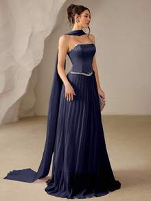 Coutiva Elegant Party Rhinestone Decorated Pleated Strapless Evening Gown - Navy Blue - View 6