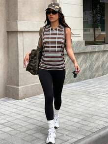 Dewbera Dewbera 女款夏季戶外健身運動條紋印花前口袋無袖連帽背部鏤空設計性感瑜伽運動衫 - 彩色 - 查看 6