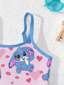 Traje de baño de una pieza casual y minimalista para niñas jóvenes con estampado de conejo azul Lulu, corazón rosa, labios, dibujos animados, lazo, Navidad, otoño, adecuado para vacaciones de verano en la playa, sesión de fotos, vacaciones de verano, traje de baño estético, fiesta en la piscina, campamento de verano, estilo cottagecore - Multicolor - Ver 3