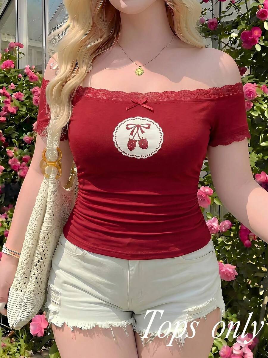 SHEIN MOD 大码女式草莓印花蕾丝拼接露肩上衣 - 紅色 - 查看 1