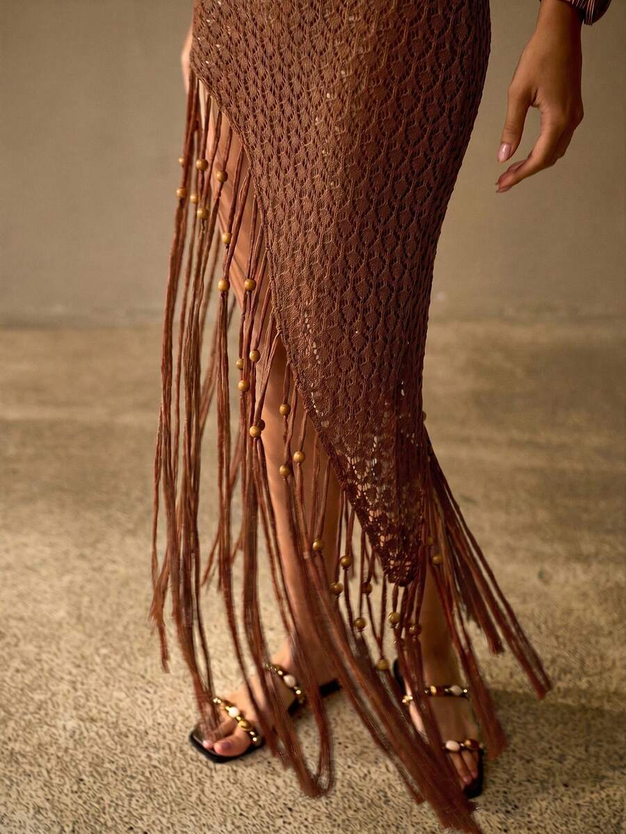 MOTF PREMIUM TEXTURED ASYMMETRIC HEM TASSEL BEAD DECOR EASY VACATION BOHEMIAN SWIMWEAR COVER-UP DRESS - Coffee Brown - View 2