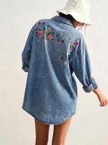 Bohemela Women's Vacation Casual Boho Floral Embroidered Shirt Vacation Blue Floral Summer - Baby Blue - View 2