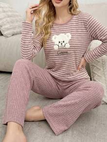 Cotton Women 2pcs Contrast Colour Slogan Lettered Long Sleeve Top&Striped Heart Pattern Sleep Pants Homewear Pajama Set - Dusty Pink - View 1