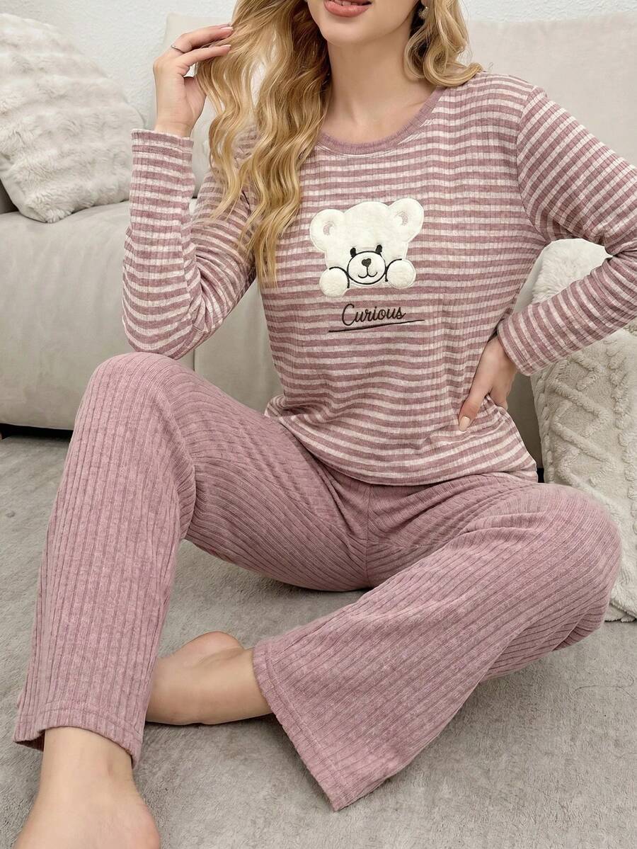 Cotton Women 2pcs Contrast Colour Slogan Lettered Long Sleeve Top&Striped Heart Pattern Sleep Pants Homewear Pajama Set - Dusty Pink - View 1