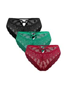 DesireSculpt Plus Size Cup Series Heart Floral Lace Patchwork Heart Buckle Decor Panty Set 3pcs - Multicolor - View 1