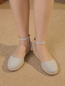 Styleloop 女士坡跟厚底鞋 春夏新款 增高显瘦 包头低帮设计 圆头 5.5cm坡跟 舒适高跟 亚麻材质 纯色 女士鞋 日常通勤 购物 约会必备 - 灰色 - 查看 8