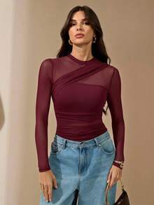 SHEIN Tall 女款棕色透視網紗長袖抓皺小高領緊身衣，適合雞尾酒會、浪漫約會、冬季內搭，適合高個女性 - 酒紅色 - 查看 10