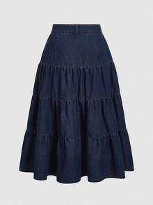 SHEIN MOD Plus Size Women's Multi-Layer Ruffle Hem Casual Denim Midi Skirt - Blue - View 2