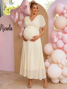 Loomaby Pregnant Women's Solid Color Crossed V-Neck Batwing Sleeve Elegant Dress,Gender Reveal Dress,Maternity Dress,Baby Shower Dress - Khaki - View 9