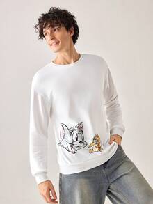 Strevion TOM & JERRY 男士休闲汤姆和杰瑞字母印花圆领长袖卫衣，春秋季 - 白色 - 查看 5