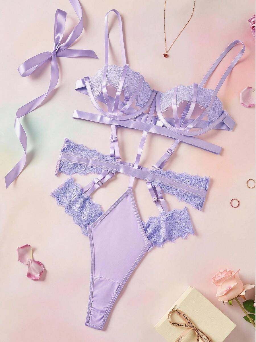 Elorette Women's Contrast Lace Hollow Out Design Sling Sexy Lingerie Jumpsuit Purple Lingerie Lingerie Set For Women - Mauve Purple - View 1