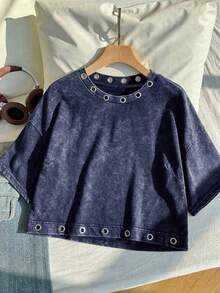 Comfortcana Summer Pure Cotton Snow Wash Plus Size Short Sleeve T-Shirt Vacation Navy Blue Military Cowboy - Navy Blue - View 4