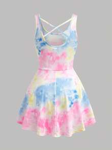 SHEIN Girlism 青少年女孩露背紮染印花瑜伽洋裝褲 防走光舞蹈服 健身運動網球套裝 肩帶鏤空背部設計 適合瑜伽、網球、高爾夫戶外運動 - 彩色 - 查看 5