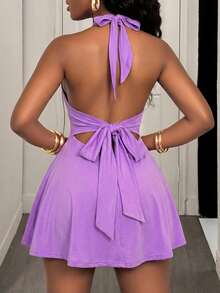 Mistrie Black Tight-Fitting Romper With Deep V-Neck, Backless Strap, Holiday Summer - Purple - View 2