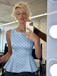 Nuevo de Verano 100% Algodón Puro Top de Tirantes Ajustado a la Cintura para Mujeres - Azul - Ver 4