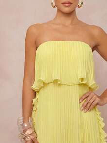 Lumalex New Spring/Summer Pleated Lemon Yellow Lace Trim Bandeau Long Dress Dinner Day Party Elegant - Light Yellow - View 10