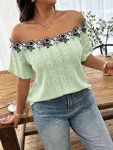 Weeklong Women's Plus Size Spring/Summer Casual Off-Shoulder Contrast Color Ruffle Trim Textured Knit Fabric T-Shirt - Mint Green - View 1