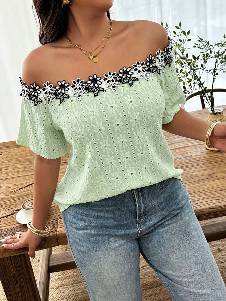 Weeklong Women's Plus Size Spring/Summer Casual Off-Shoulder Contrast Color Ruffle Trim Textured Knit Fabric T-Shirt - Mint Green - View 1