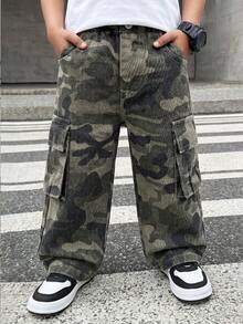 男童宽松直筒牛仔裤，侧边口袋，休闲百搭校园风 - 軍綠色 - 查看 3
