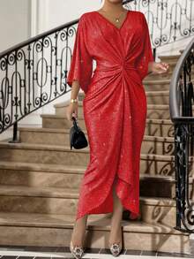SHEIN Lady Đầm cỡ lớn thanh lịch với phần eo xếp ly xoắn phía trước, thích hợp cho mùa thu. - Đỏ - Xem 4