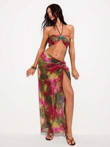 Barévion Vacation Style Pink And Green Floral Halter Neck Swimsuit Set, Sexy Tropical Mesh Split Maxi Dress Beach Cover-Up 2pcs Summer - Multicolor - View 5