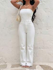 Sunnyshic Mono de mujer de unicolor con cremallera sin tirantes de mezclilla adecuado para usar en verano - Blanco - Ver 3