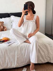 Napfluff White Embroidered Wide Strap Splice Bow Decor Jumpsuit Women Pajama Set - White - View 4