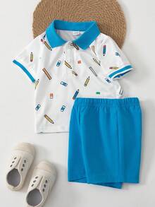 SHEIN 幼童男童夏季休閒兩件套，包含棕櫚樹與船隻印花領子 Polo 衫及彈性腰圍短褲，時尚舒適，適合 6 個月至 3 歲男童，適合日常穿著、戶外活動及返校 - 藍色 - 查看 9
