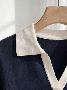 Franclia Women's Spring/Summer Colorblock Simple Casual Polo Collar Short Sleeve Slim Fit Knit Top, Suitable For Daily Wear, Vacation, Spring, Elegant Women's Casual Versatile Turn-Down Collar Short Sleeve Knit Top, Summer - Royal Blue - View 8