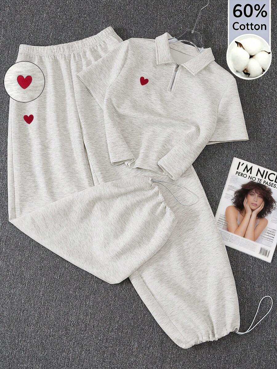 Franclia Heart Embroidery Collar Zipper Short Sleeve Top And Sweatpants 2 Pieces Set Everyday House Red And White Gingham Summer Casual - Light Grey - View 1