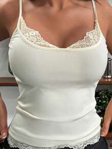 REIGN AVE Solid Color Slim Fit Stretch Base Layer Lace Trim Cami Casual Vacation Summer Top Women's Tank Top - Apricot - View 8