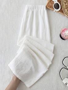SHEIN Teen Girls Casual Vacation White Woven Textured Bow Decor Loose Wide Leg Long Pants - White - View 7
