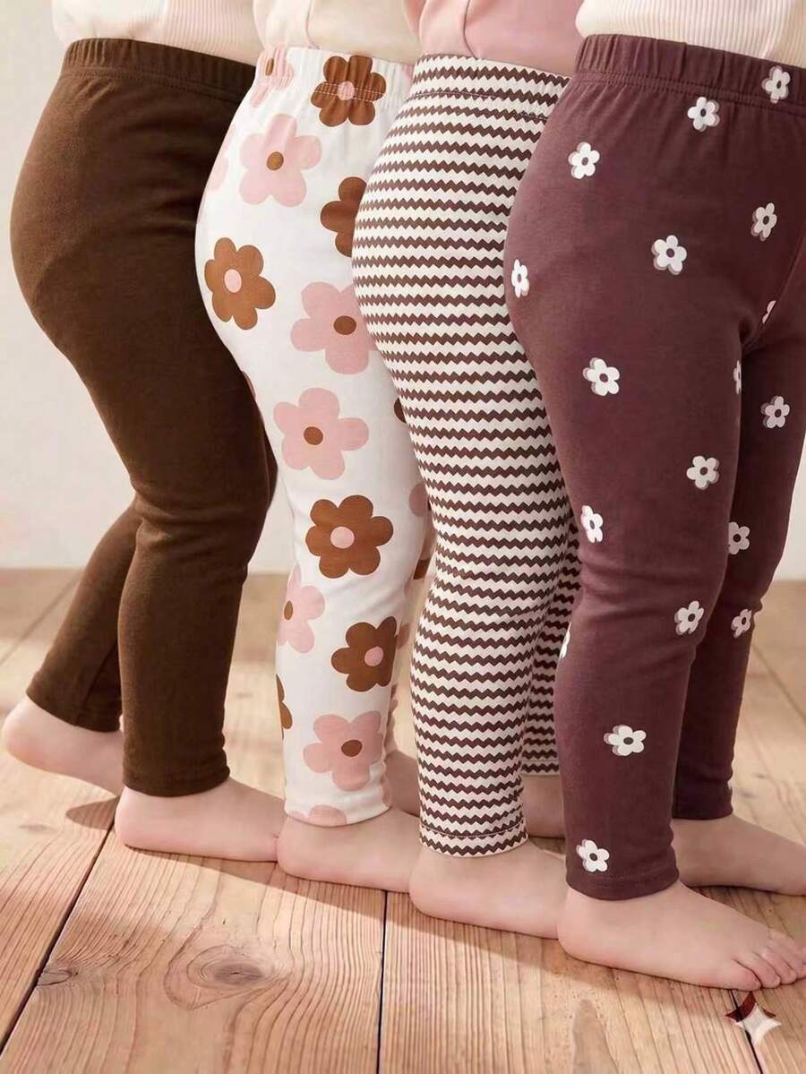 SHEIN Playful Pals 4件裝少女休閒復古花卉、條紋、純色棕色內搭褲,柔軟面料,適合夏季室內休閒或戶外玩耍 - 彩色 - 查看 1