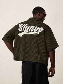 STYNVO Men's Summer Striped Pattern Letter Embroidery Single-Breasted Shirt - Green - View 3