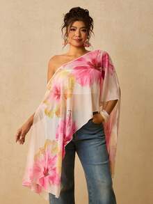 Travachic Plus Size Asymmetrical Collar Batwing Sleeve Tie-Dye Botanical Print Shirt - Multicolor - View 8