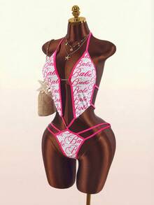 Amplova Women's One-Piece Swimsuit With Pattern Contrast Binding Rhinestone Embellishment Sexy Avant-Garde Cut-Out Backless Design Suitable For Vacation And Party Outfits - Pink - View 9