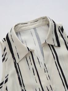 Balvessa Women's Irregular Striped Printed Fabric Sleeveless Mandarin Linen-Like Collared Blouse, Versatile And Slimming For Commuting - Apricot - View 5