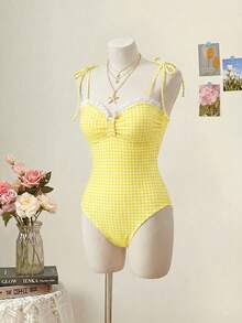 SHEIN MOD 女款度假海灘格紋細肩帶連身泳衣 - 黃色 - 查看 3