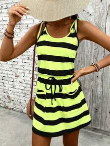 EMERY ROSE Vacation Casual Striped Sleeveless Mini Dress - Green - View 6