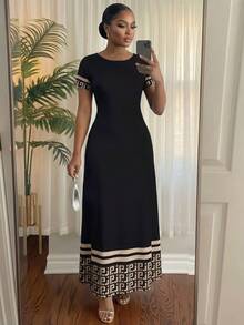 SHEIN Lady 大尺碼夏季休閒拼色條紋幾何印花洋裝 - 彩色 - 查看 4