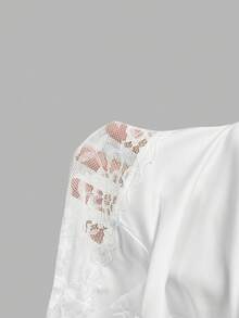 SHEIN MOD Women's Elegant Solid Color Off Shoulder Lace Patchwork T-Shirt, Summer, Short Sleeveslacey Off Shoulder Tops - White - View 6