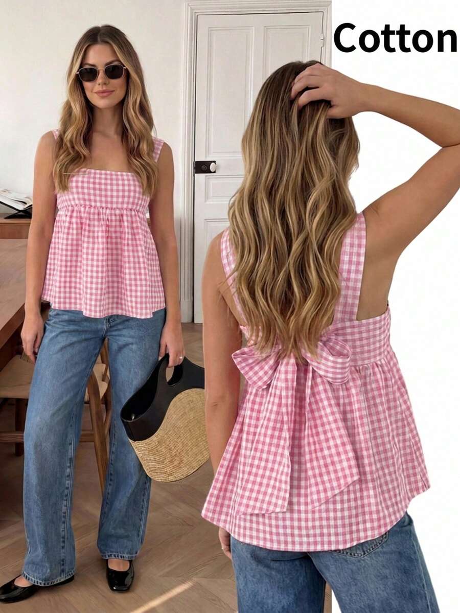 Easowa Blouse sans manches à carreaux avec nœud au dos et ourlet à volants pour femmes - Rose bonbon - Voir 1
