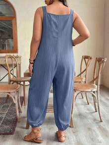 EMERY ROSE Plus Size Women's Early Spring Simple Elegant Textured Fabric Loose Fit Cuffed Jumpsuit Overalls - Blue - View 2