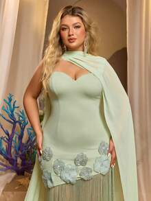 Glamrae Plus Size Elegant Formal Sage Green Scarf Drape Wave Chest Elastic Knit Patchwork Sequin 3D Flower Decor Long Dress Wedding Guest Dinner Evening - Green - View 7