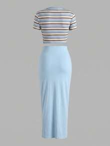 Slaydiva Plus Size Striped Contrast Pattern Fitted Short Sleeve Crew Neck T-Shirt And Blue Slim Fit Maxi Skirt 2-Piece Set, Music Festival, Party - Multicolor - View 2