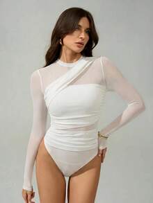 SHEIN Tall Bodysuit nữ màu nâu, tay dài lưới xuyên thấu, cổ giả cao nhún bèo, phù hợp cho tiệc cocktail, hẹn hò lãng mạn, mặc lớp lót mùa đông - trắng - Xem 5