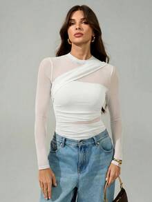 SHEIN Tall Bodysuit nữ màu nâu, tay dài lưới xuyên thấu, cổ giả cao nhún bèo, phù hợp cho tiệc cocktail, hẹn hò lãng mạn, mặc lớp lót mùa đông - trắng - Xem 8