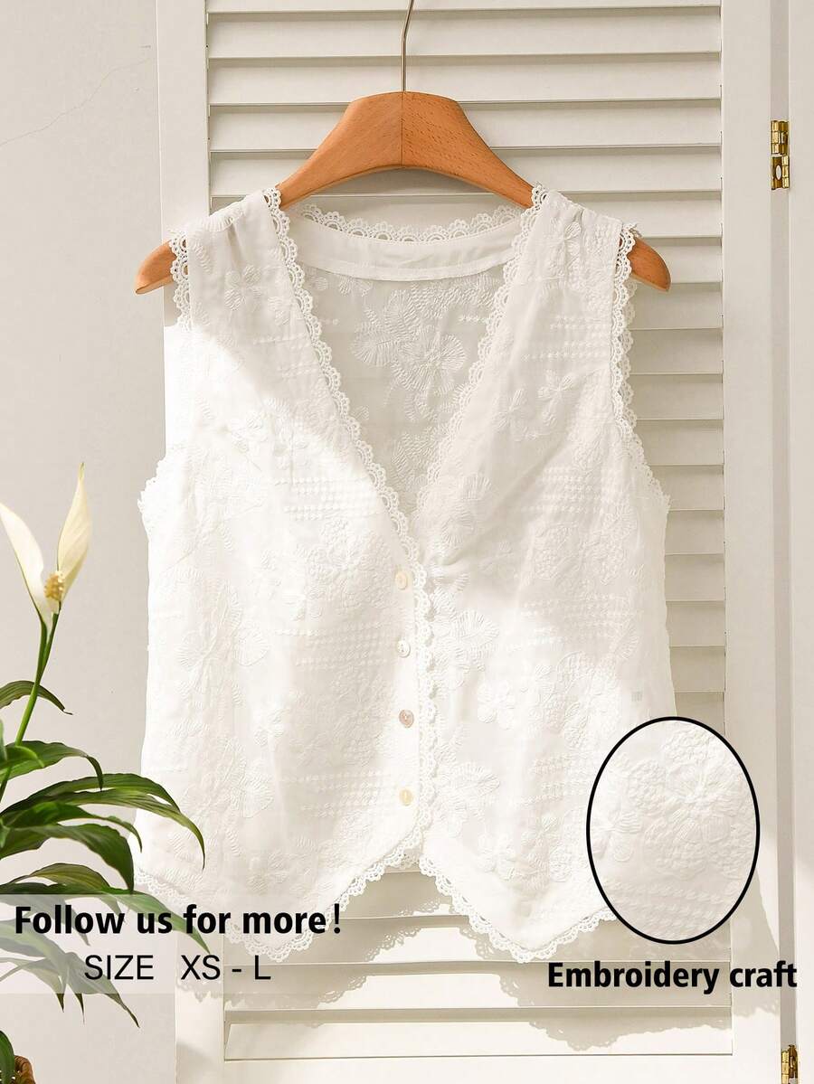 CosyJoli Áo tank top nữ dáng rộng, thoải mái, thêu họa tiết, thích hợp cho kỳ nghỉ xuân/hè, có cúc trang trí, phối ren, màu trắng. - trắng - Xem 1