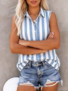 SHEIN Holidaya Damen Frühling & Sommer Neu Elegant Lässig Grau-Weiß Vertikale Streifen Kragen Ärmellos Bluse – Locker Atmungsaktiv Einreihige Weste, Vielseitig Slim-Fit Layering Hemd Für Frühling & Sommer - Blau - Übersicht 4